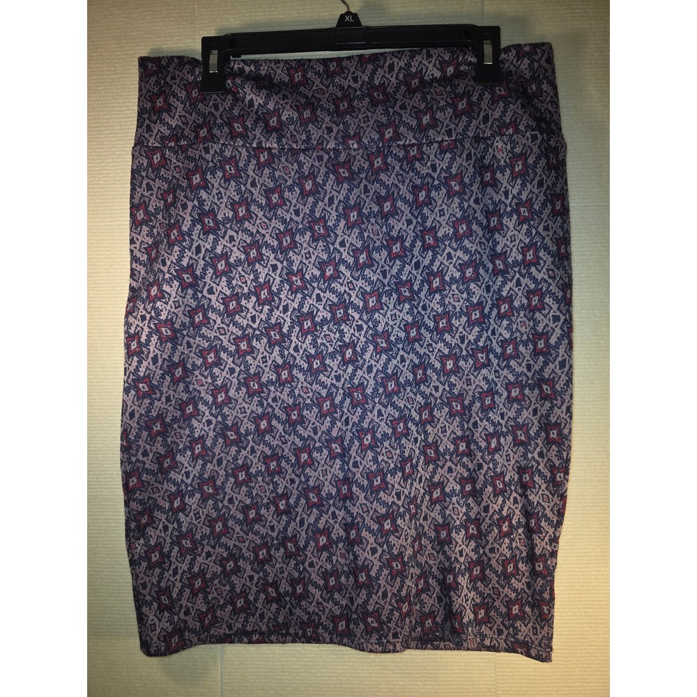 LuLaRoe Cassie Pencil Skirt XL Purple Red Geometric Ikat Print Stretch Knee Lng